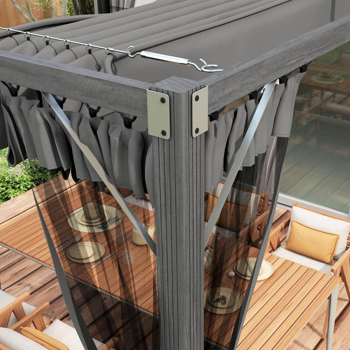 Close-up of dark grey retractable pergola corner post with hanging mesh curtains