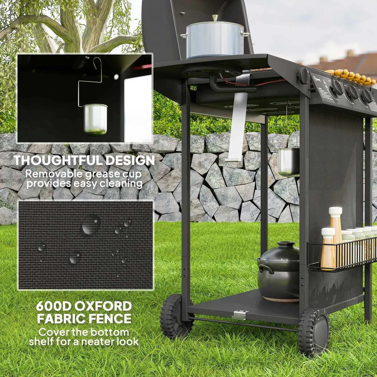 Black gas grill with removable grease cup and fabric cover for bottom storage