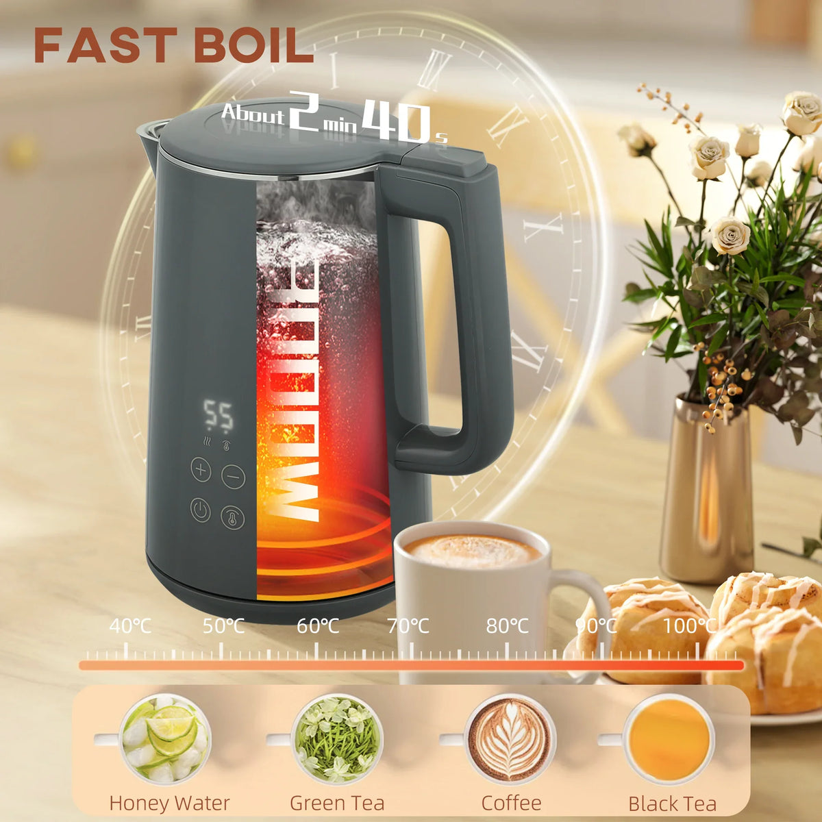 Grey digital electric kettle with heating temperature display and cup