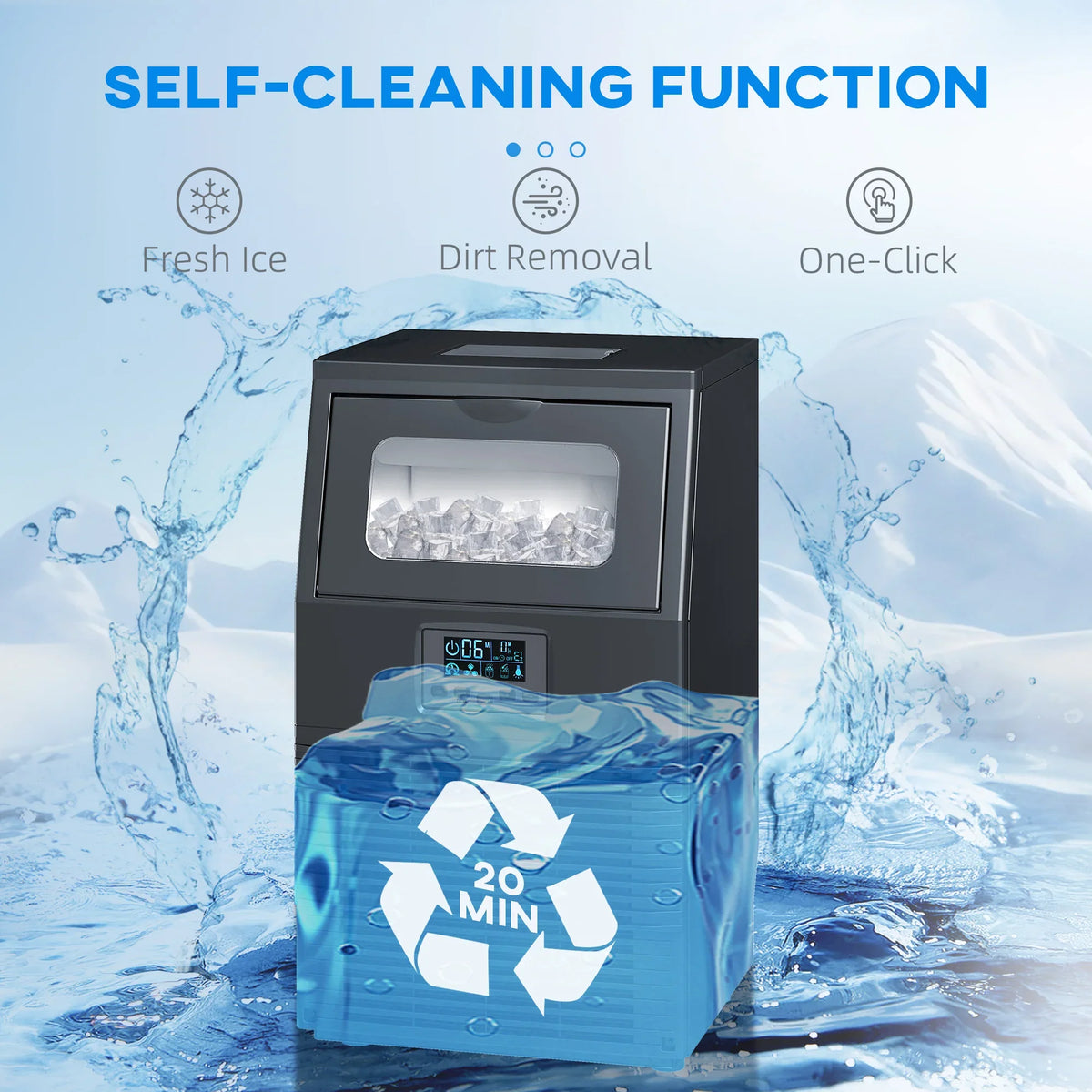 Black commercial ice maker with transparent ice storage window and LCD display