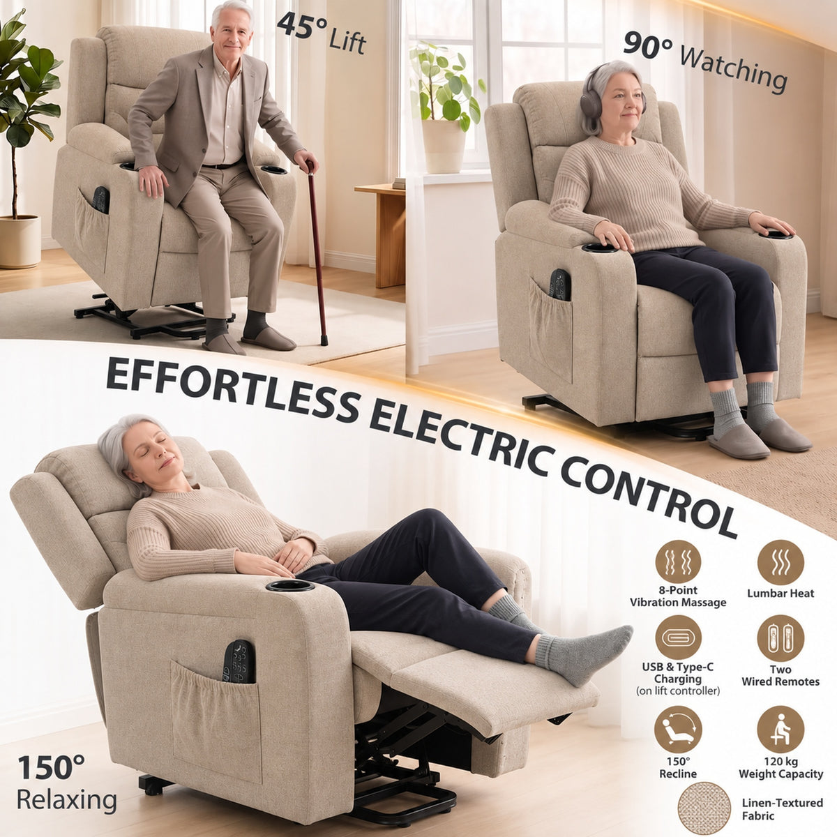 Light beige electric lift recliner chair showing 150° relaxing and 90° watching positions