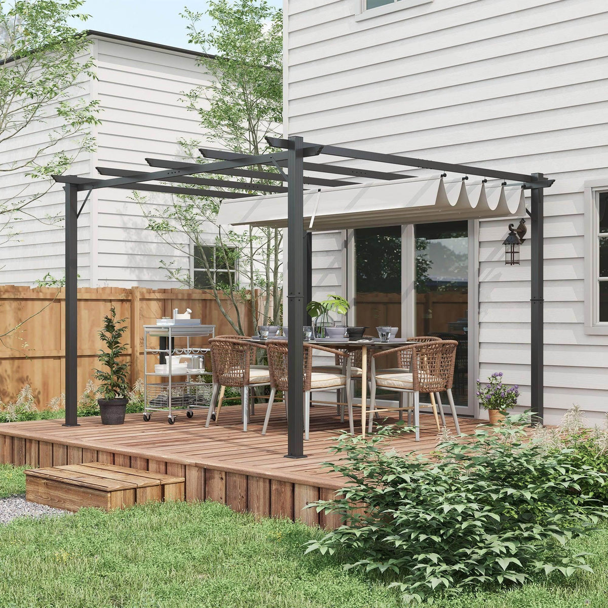 Aluminum pergola gazebo with light grey retractable canopy over outdoor dining area seating
