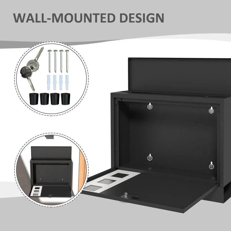 Black wall-mounted mailbox with open door and included mounting hardware