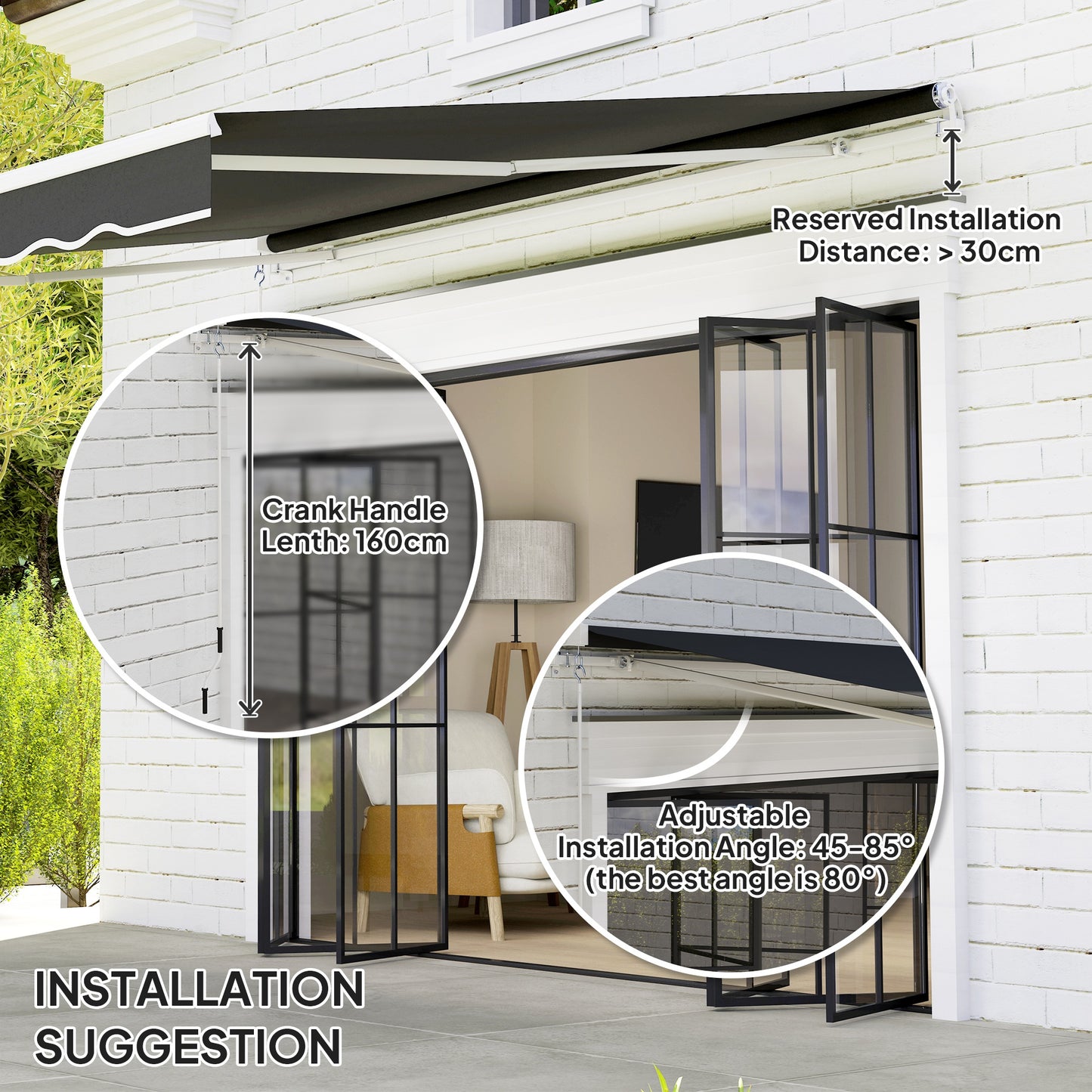 Outsunny Garden Retractable Awning Black 2x2.5m Aluminium Frame With 280Gsm Polyester Canopy Wall Mounted Shade