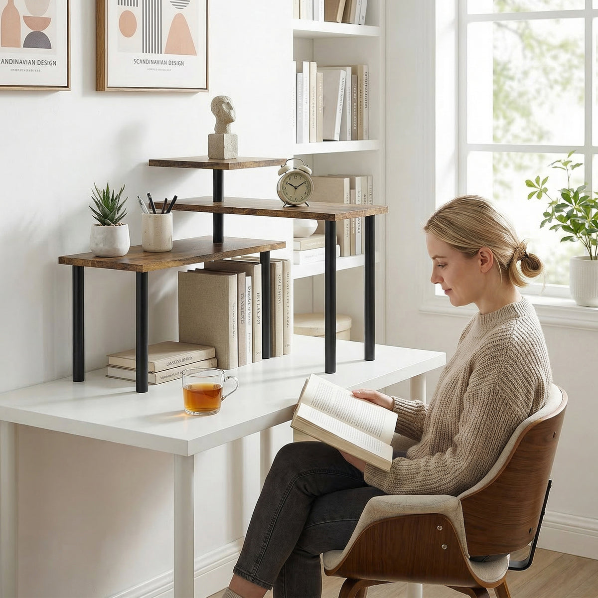 3-tier countertop organizer with dark wood shelves and black metal legs for books and bottles