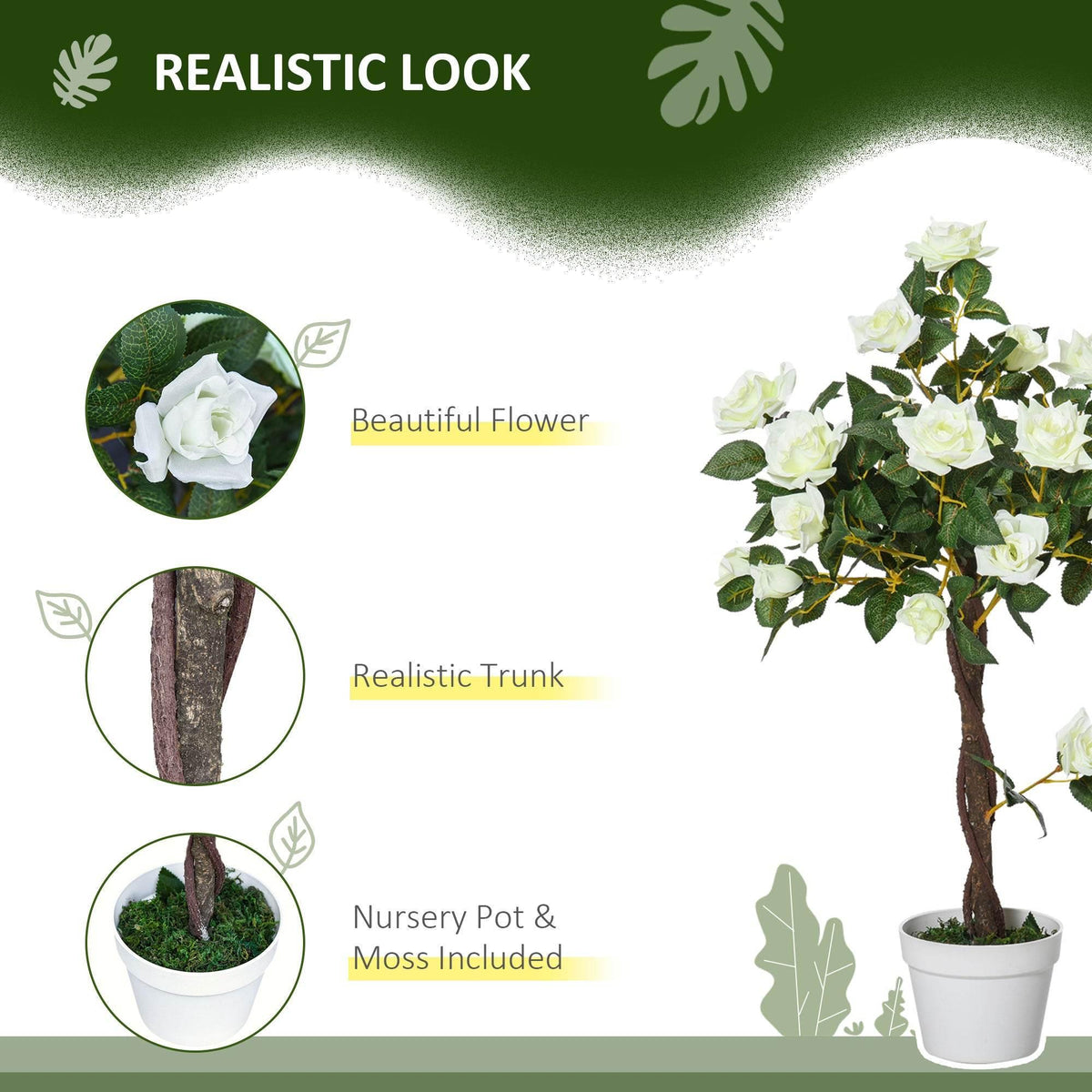 Artificial white rose tree with realistic green leaves and white blossoms in a white pot