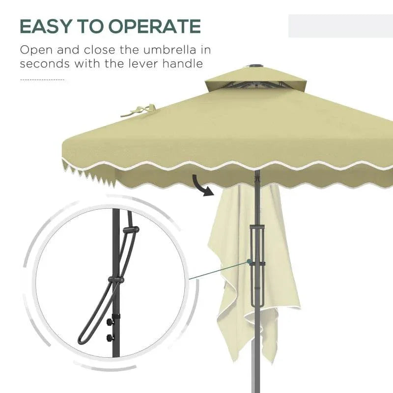 Beige double-top cantilever parasol with ruffled edge and side-opening mechanism