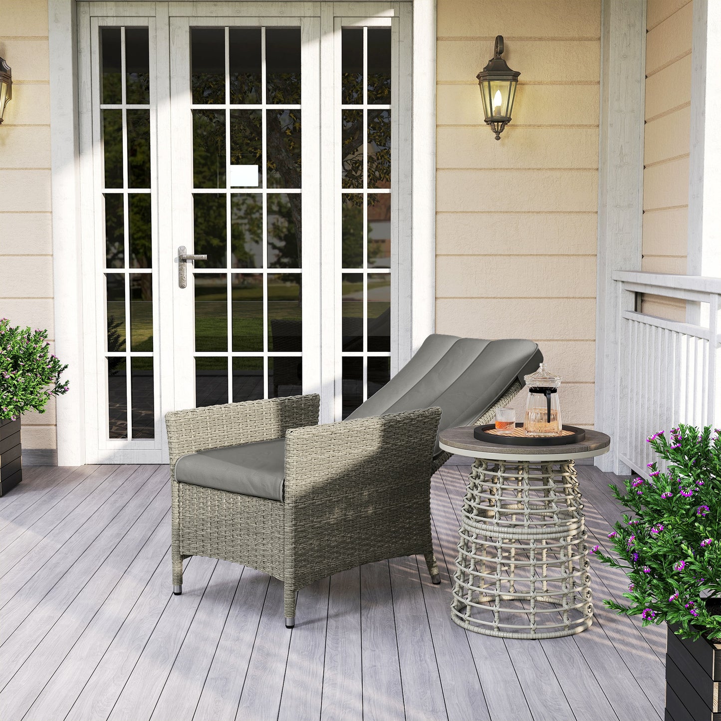 Outsunny Reclining Rattan Chair 105 To 150 Degrees Backrest Grey Cushioned Outdoor Lounger