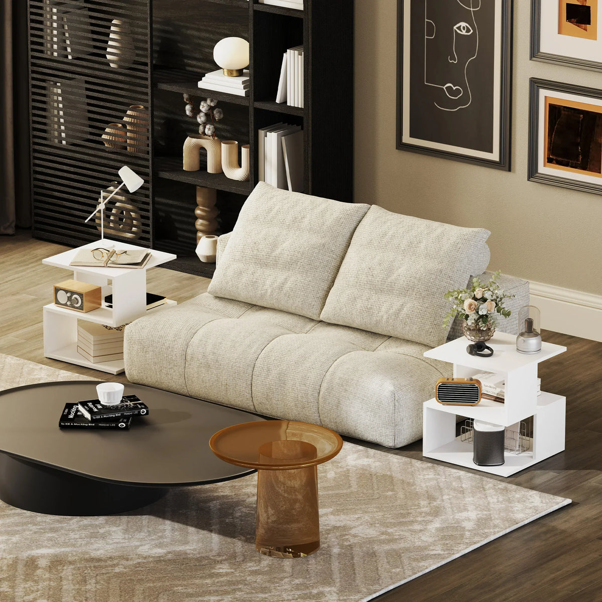 Set of 2 white square side tables with two open shelves each for living room storage.