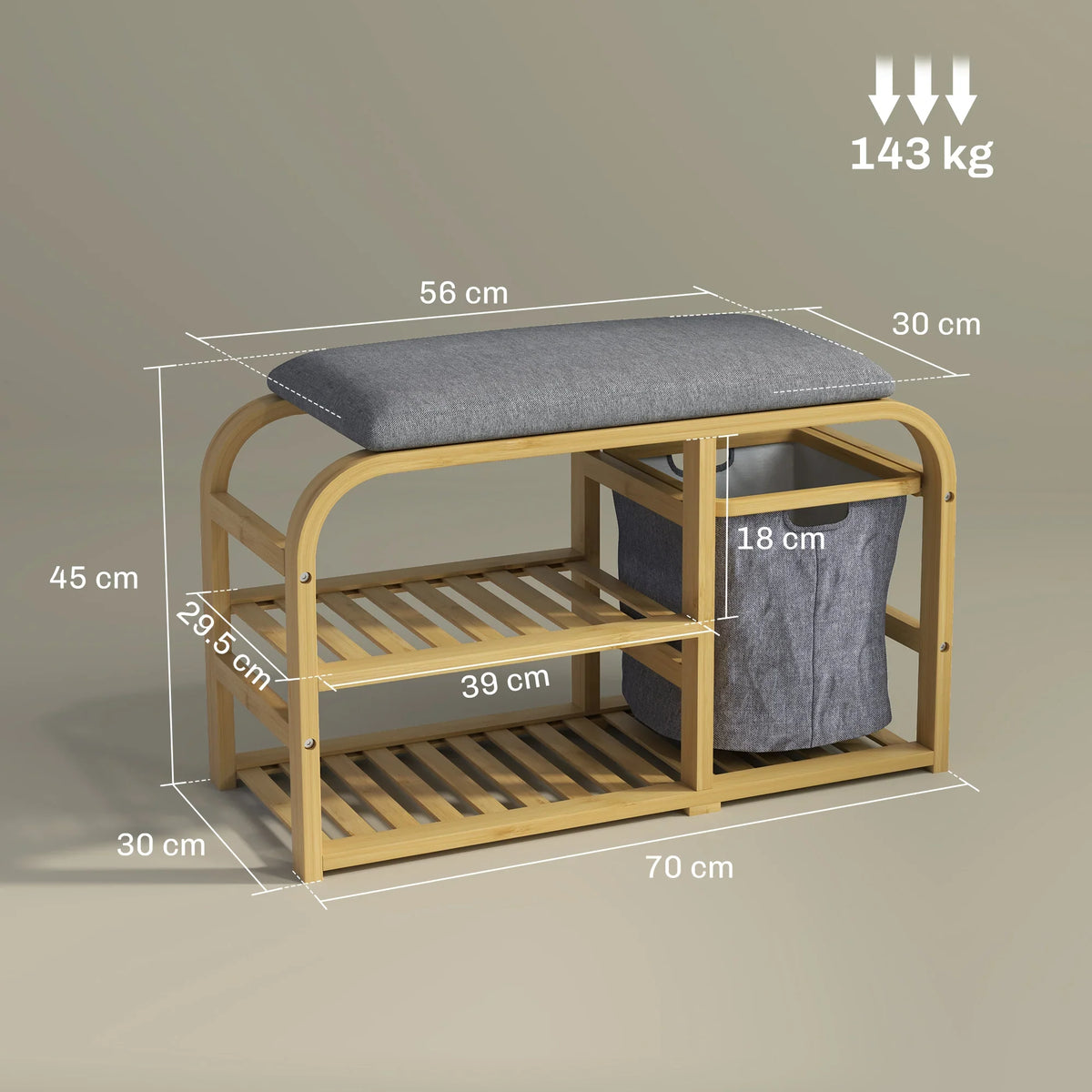 Bamboo shoe storage bench with gray cushioned top and two open storage tiers