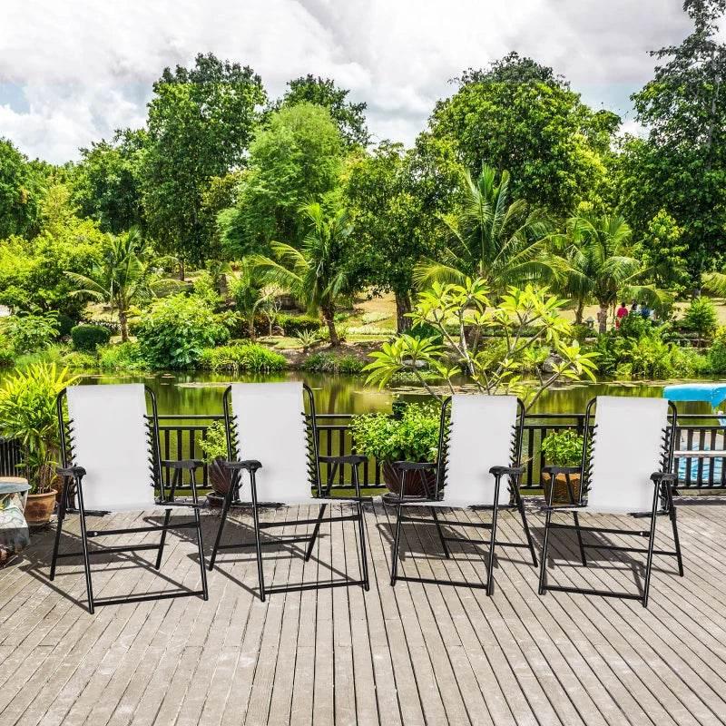 Cream white folding patio chair set with black steel frame and armrests, 6 chairs
