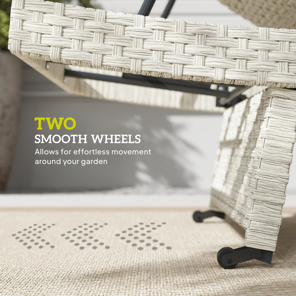 Close-up of grey wheeled sun lounger base with smooth-rolling plastic wheels