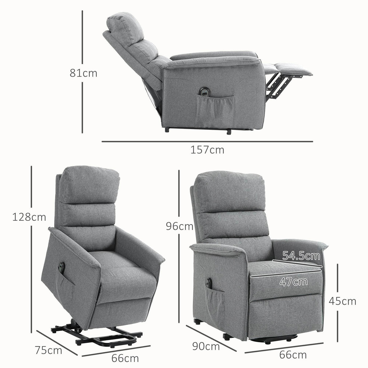 Gray fabric lift recliner armchair with dimensions, footrest extended and back raised.