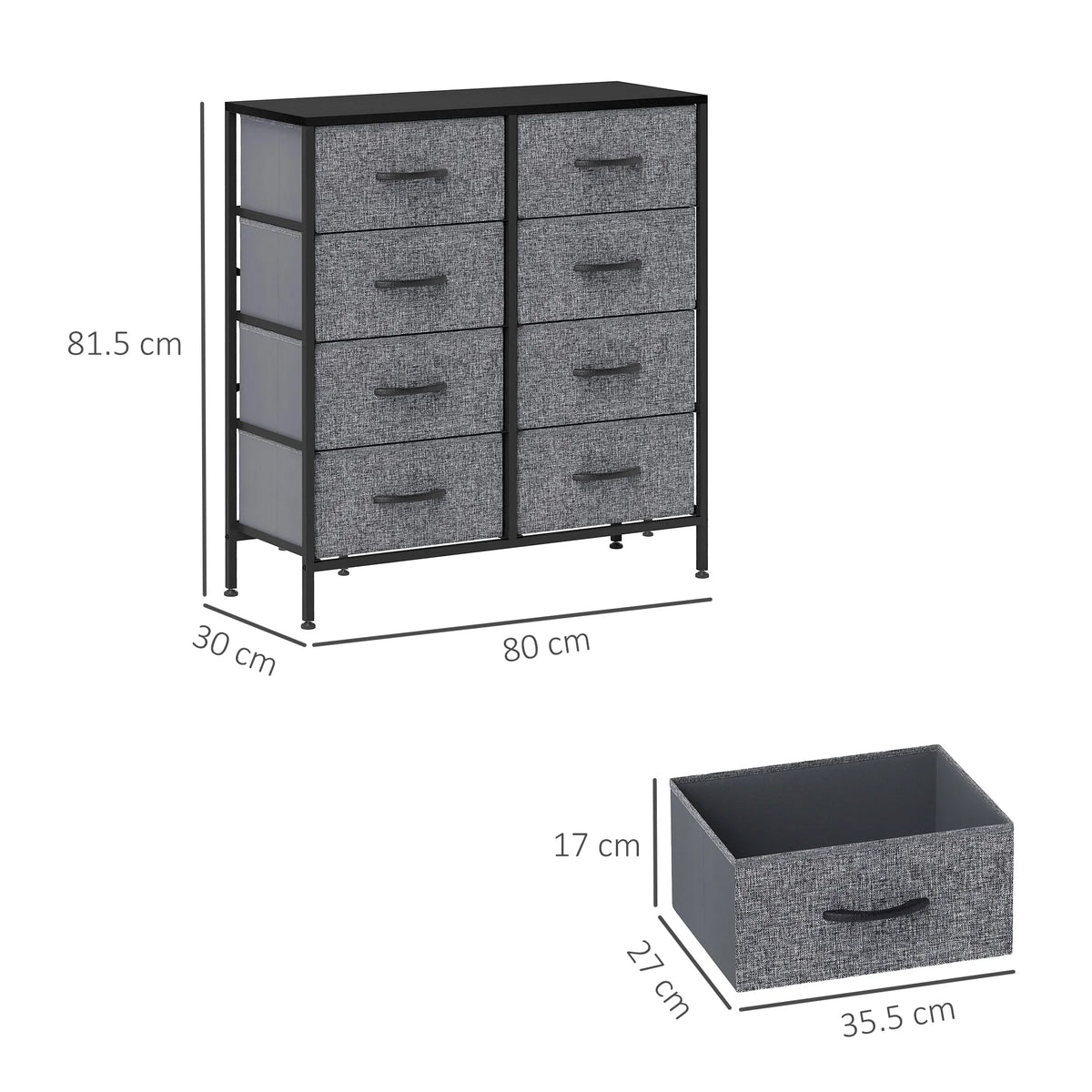 Charcoal fabric drawer chest with black frame and wood top, front view with dimensions