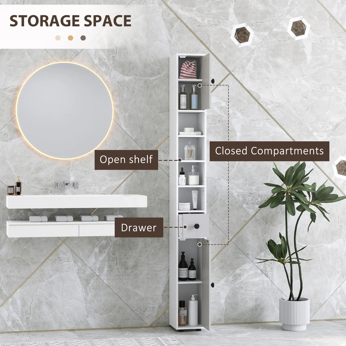 Slim light grey bathroom storage cabinet with open shelves, closed compartments, and drawer