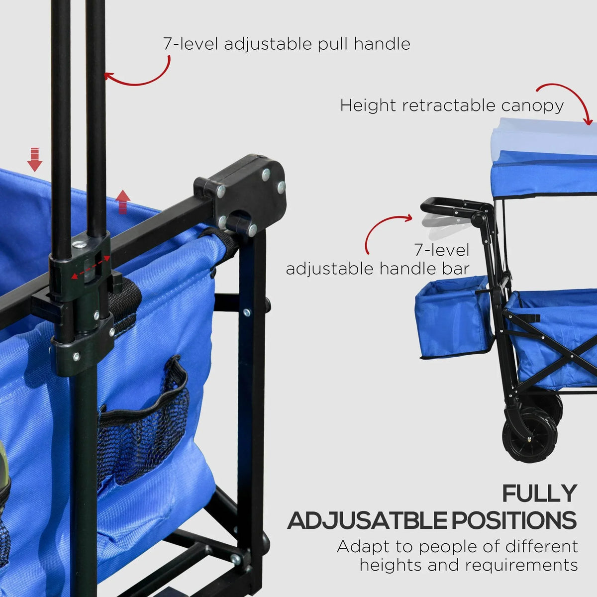 Blue collapsible wagon with adjustable handle and retractable canopy, side close-up