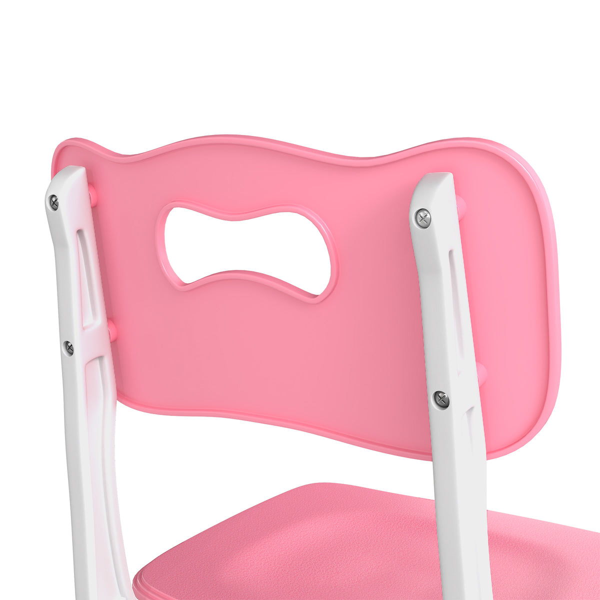 Pink kids chair backrest and white side supports with screws, molded plastic design.