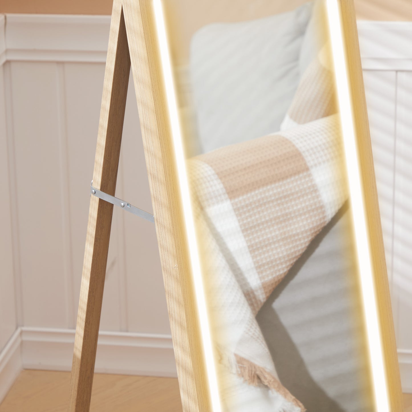 HOMCOM Full Length Mirror With Adjustable Outer LED Light In Oak Finish Three Color Temperatures