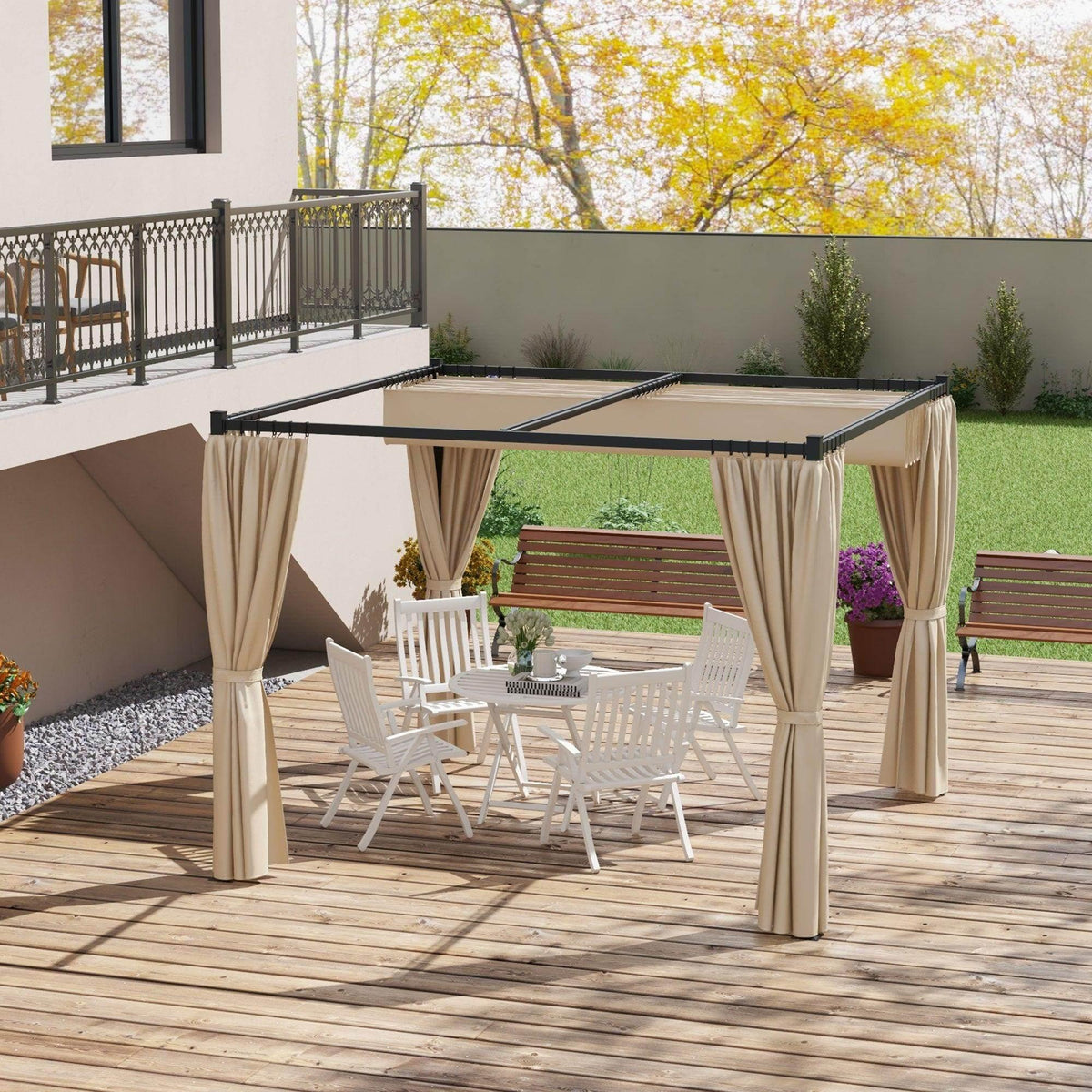 Retractable pergola with beige side curtains and black frame over patio seating