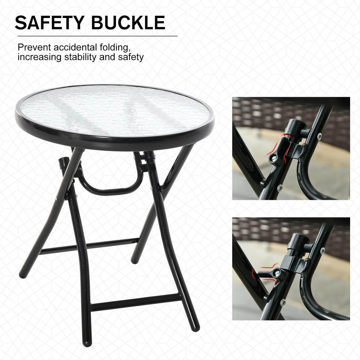 Black round folding garden table with safety buckle on metal folding frame, glass top