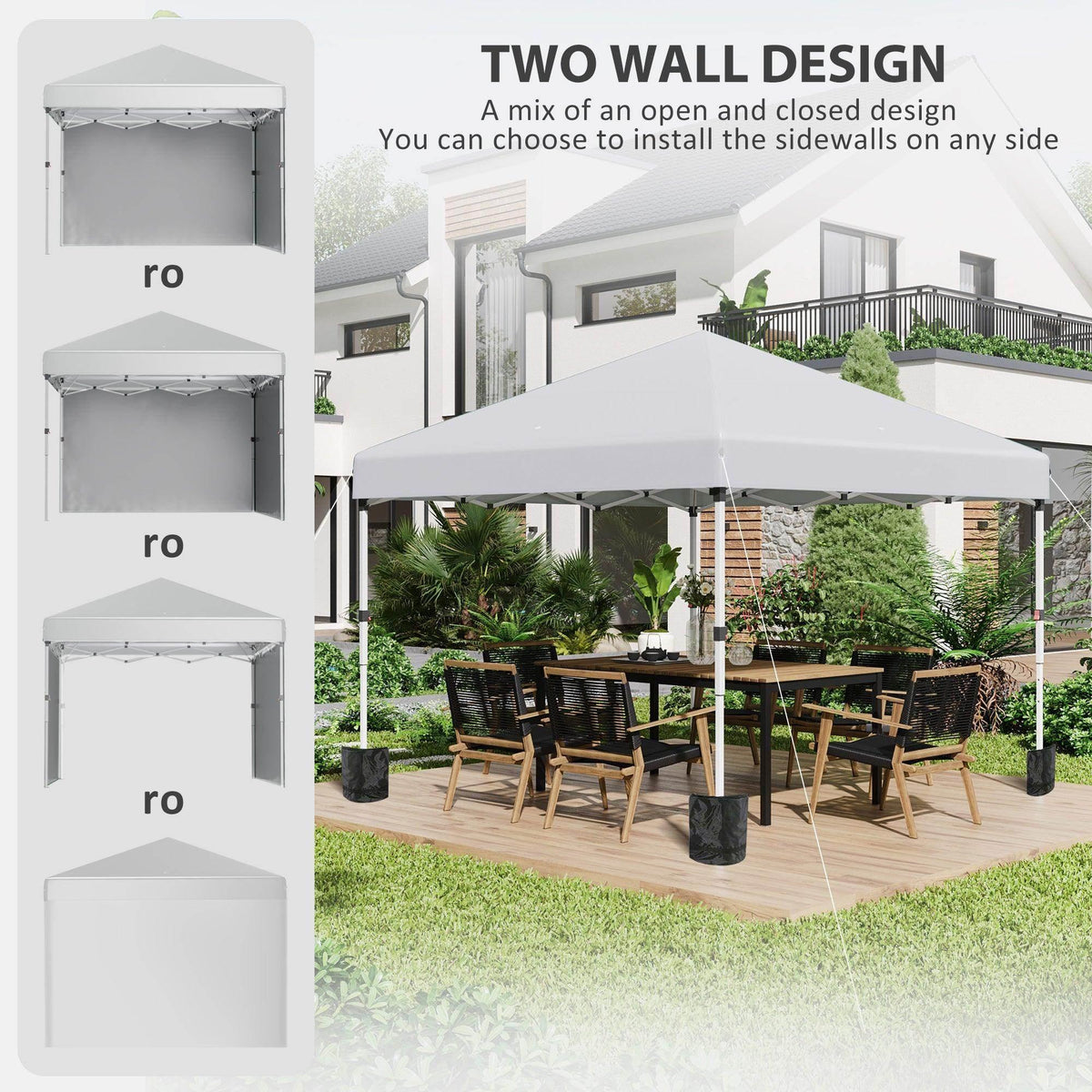 White pop-up gazebo party tent with zip-on sidewalls on both sides; outdoor dining setup.