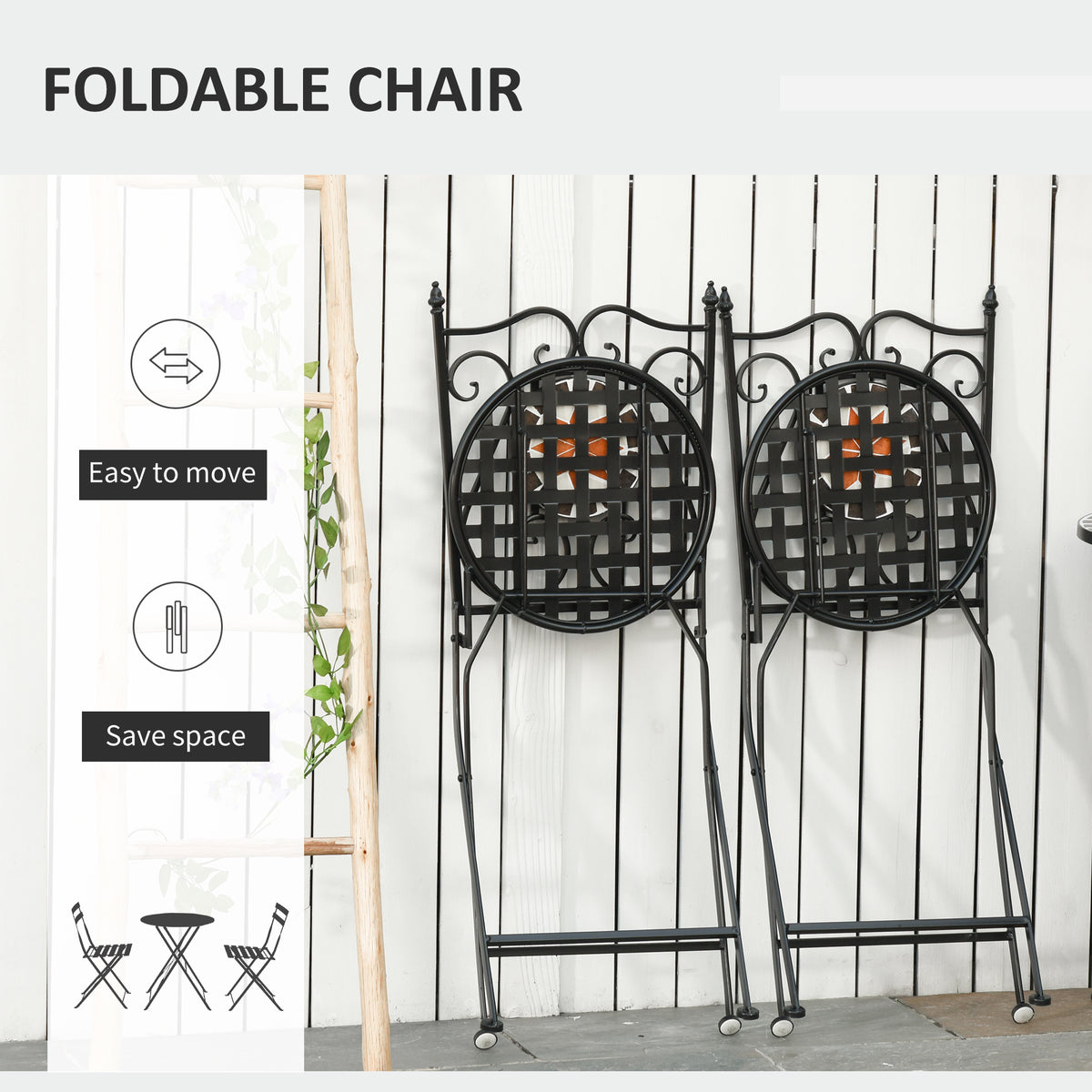 Black folding chairs with mosaic tile seat backs, ornate scroll metal frames