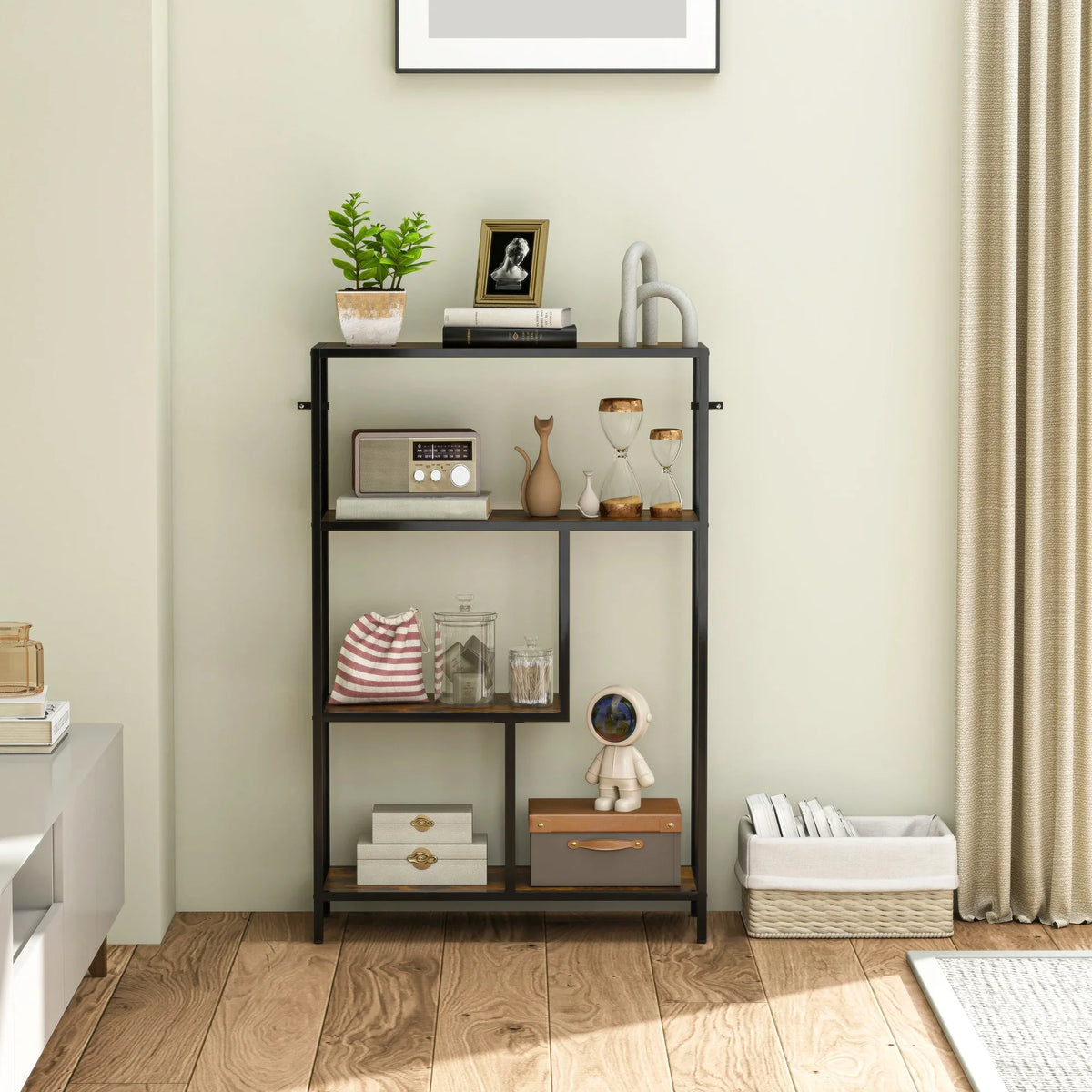4-tier bookshelf with open shelves and black metal frame, rustic brown wood-tone storage.