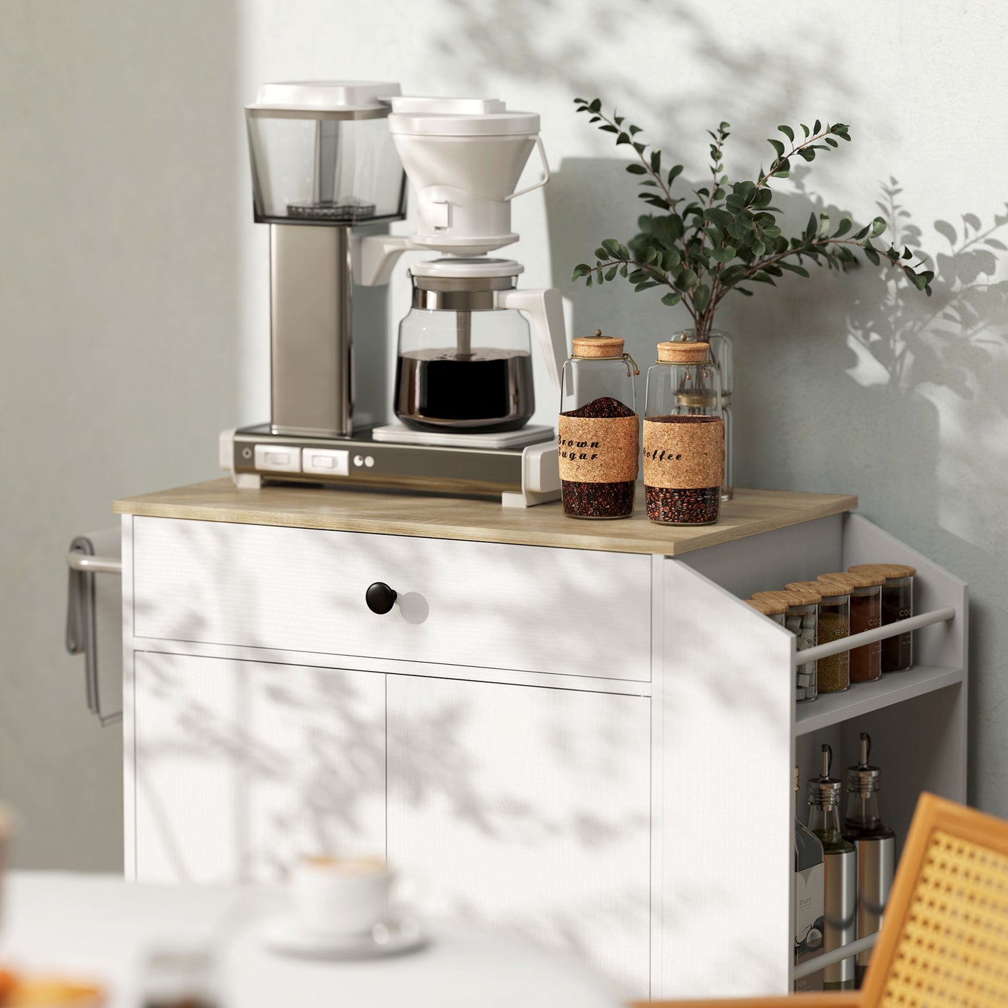 HOMCOM Rolling Kitchen Island With 3 Tier Spice Rack And Drawer Towel Rack White