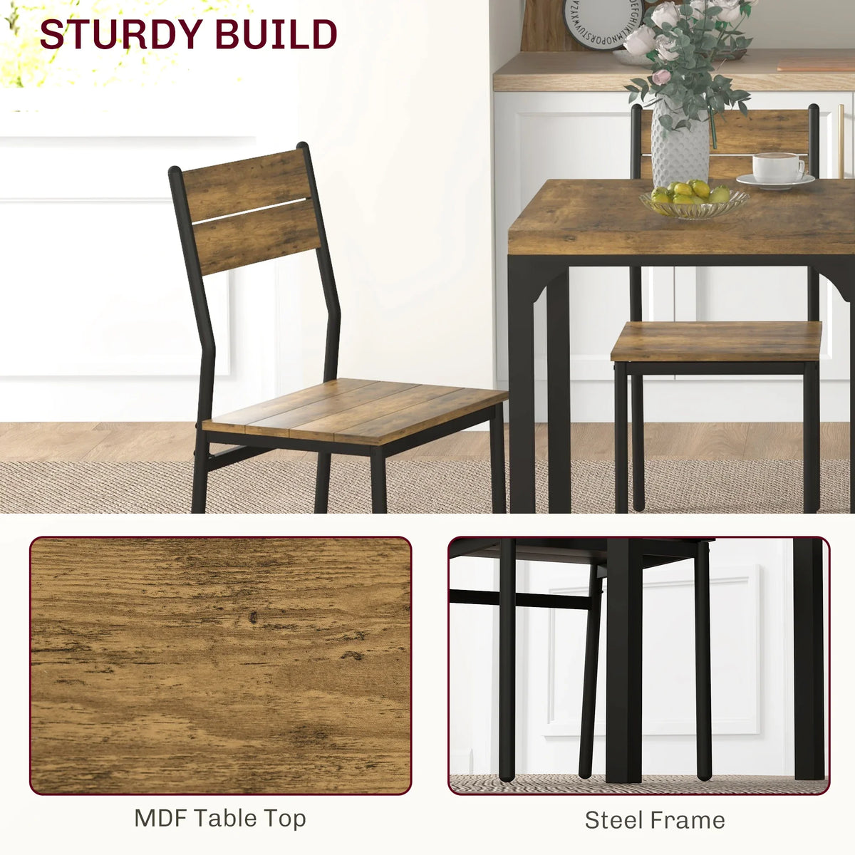 Rustic brown MDF table top with black steel chair frame, inset detail views