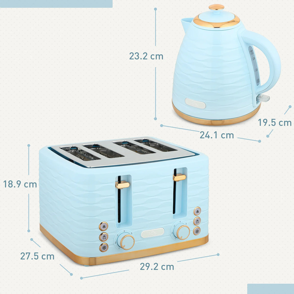 Light blue 4-slice toaster with four toasting slots and control knobs on counter
