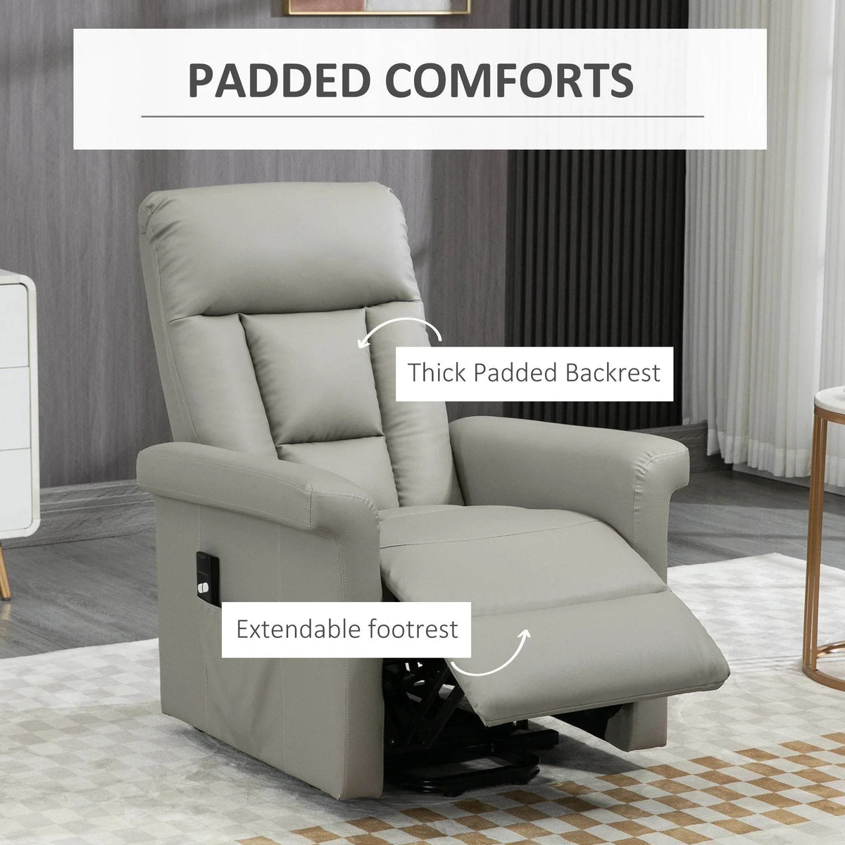 Grey electric lift recliner chair with padded backrest and extendable footrest