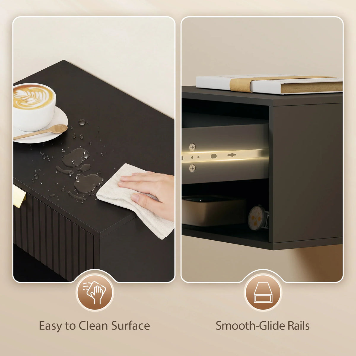 Black nightstand drawer with easy-clean top surface and smooth-glide rails