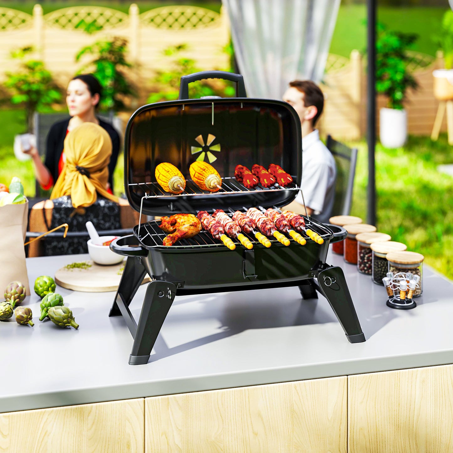 Outsunny Charcoal Folding Grill With 1232 Cm2 Cooking Area Adjustable Vent Thermometer Handles For Camping Picnic Black
