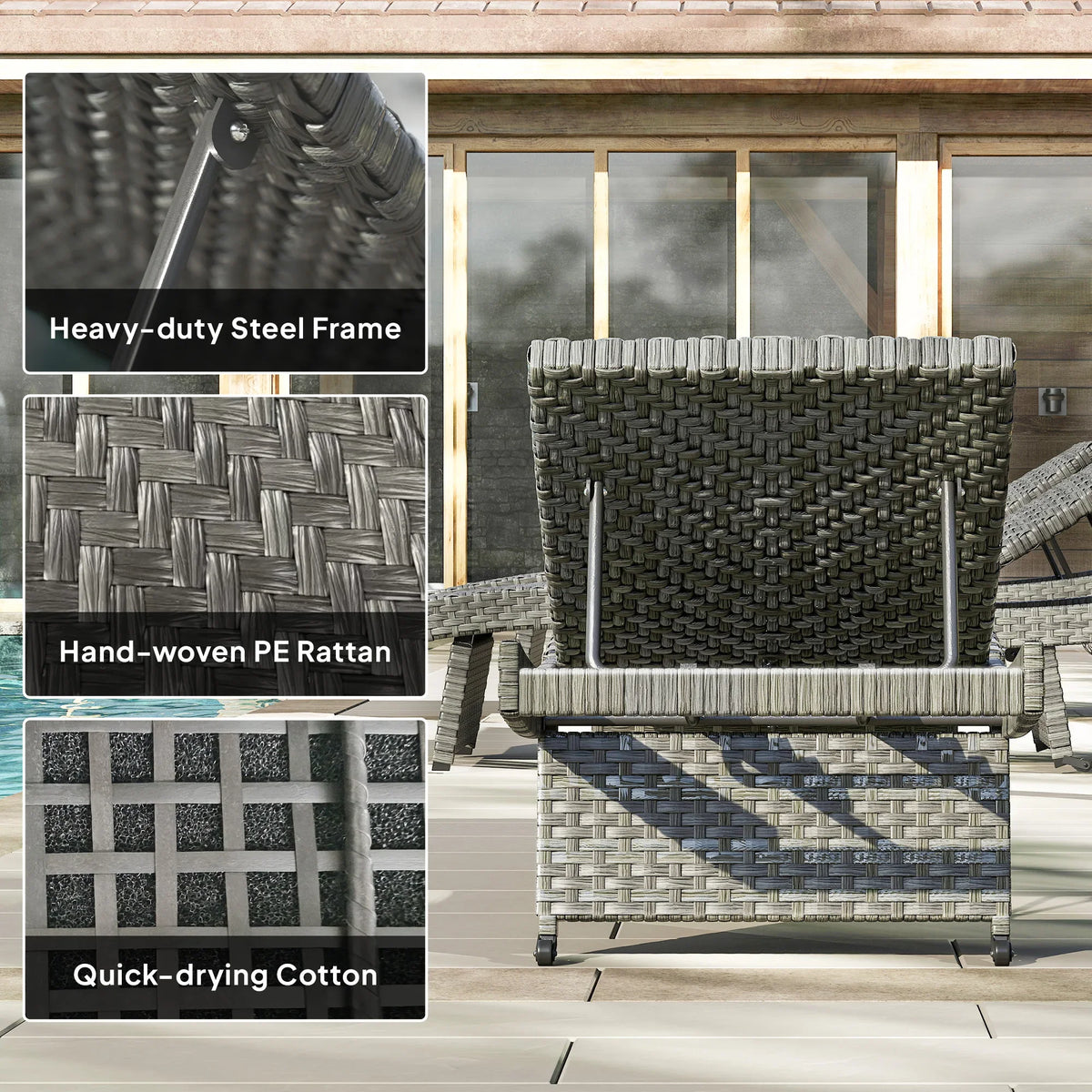 Dark gray woven PE rattan sun lounger with steel frame and quick-drying fabric