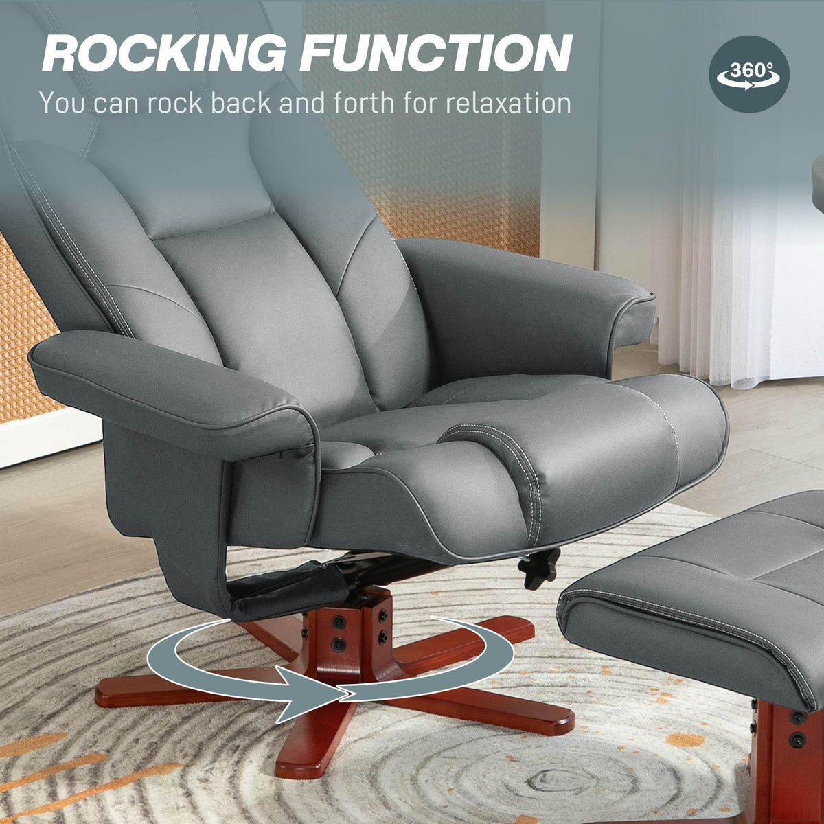 Gray reclining chair with padded armrests and matching ottoman on red-brown base