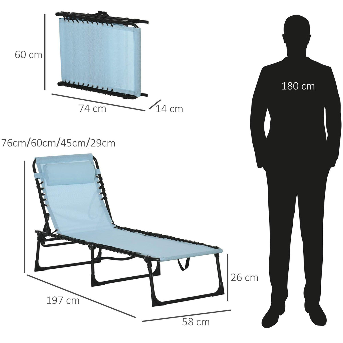 Light blue folding sun lounger with black frame in full-length recline
