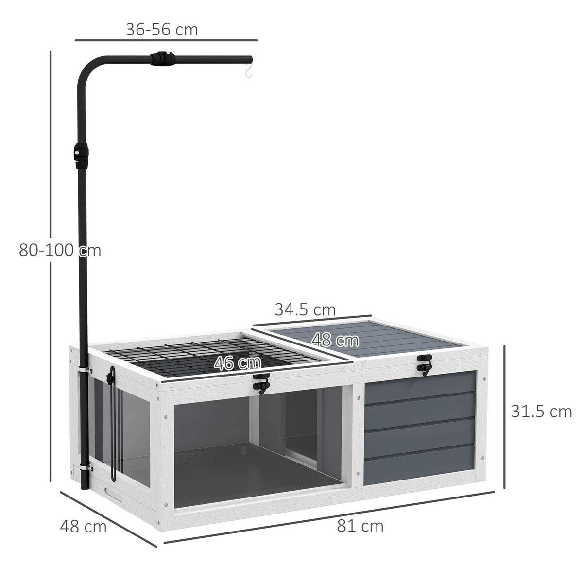 White and grey reptile enclosure with black lamp stand and pull-out drawers