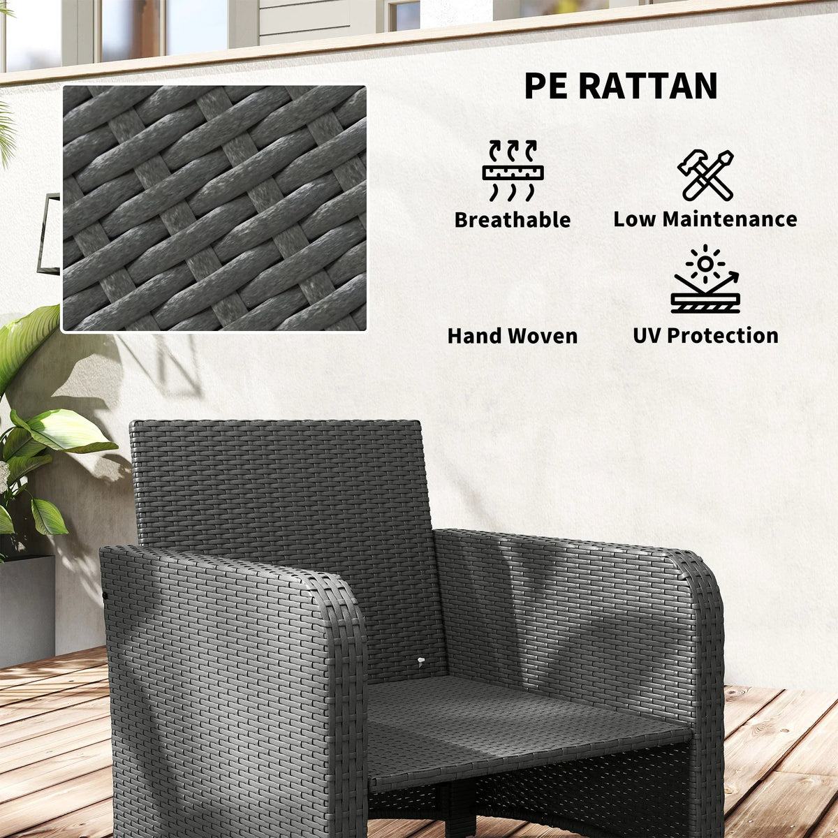 Grey outdoor rattan-style armchair with woven texture and thick seat cushion