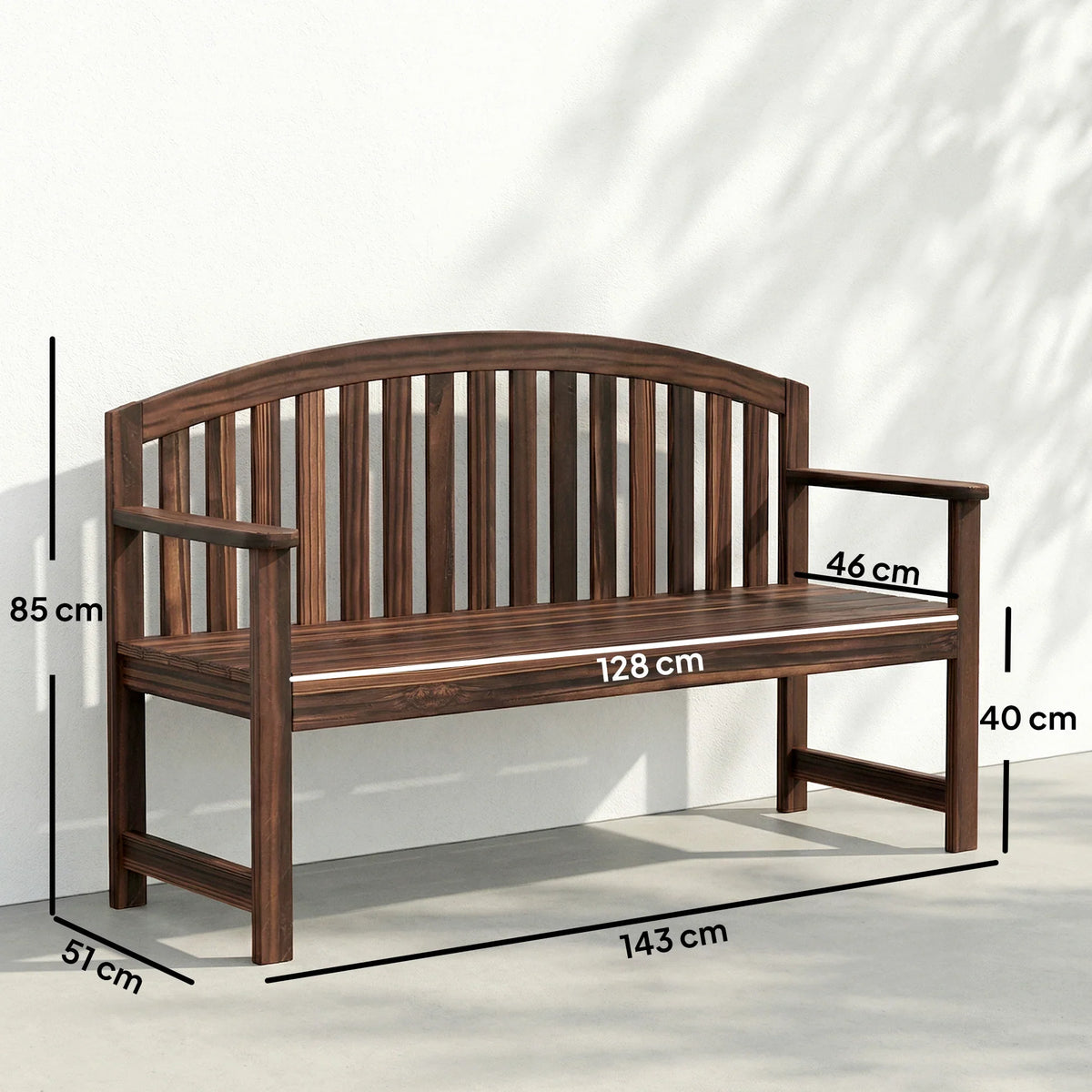 Two-seater wooden bench with armrests and slatted back, dark brown, shown with size markers.