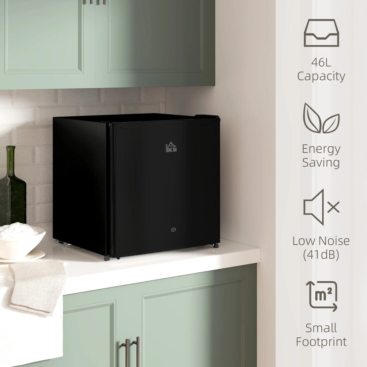 Black 46L countertop mini fridge with open view and low-noise design