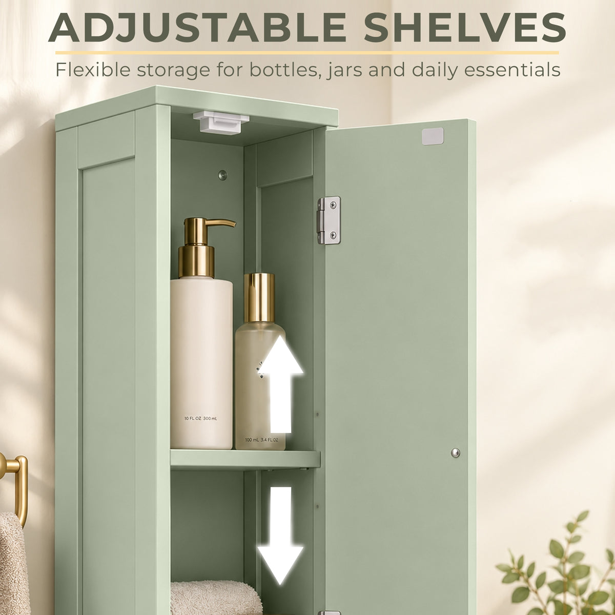 Light green tall bathroom cabinet with open shelves and arched door, storing bottles.