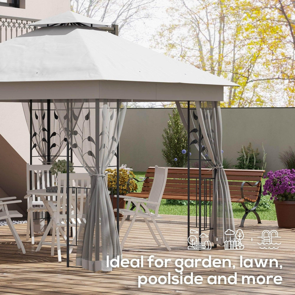 Light grey gazebo with sheer net curtains and double canopy over patio seating