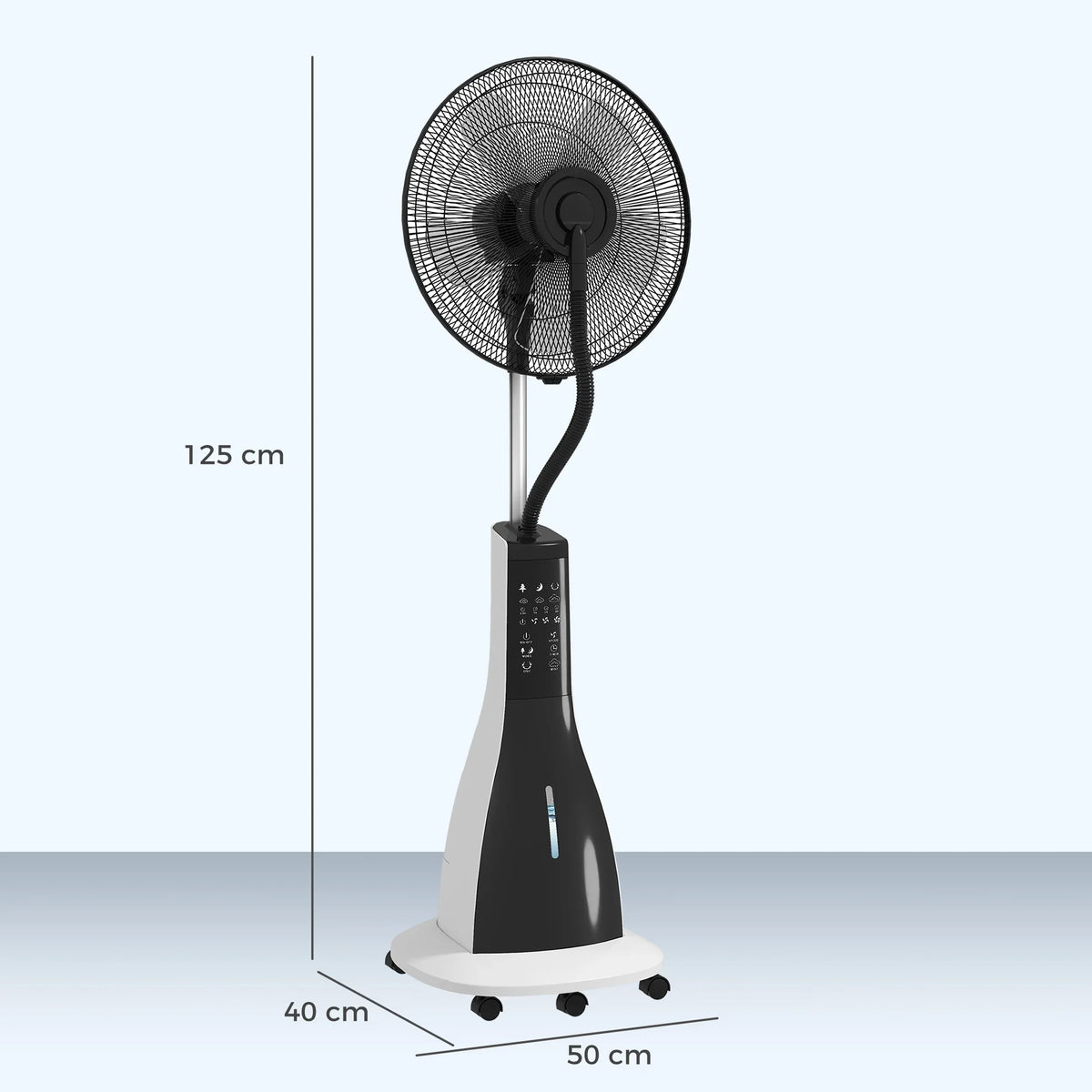 Black pedestal misting fan with fan grille and tall stand, wheels on base