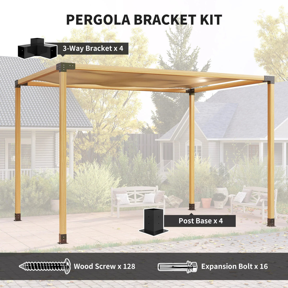 Pergola bracket kit with 3-way corner brackets, 4 post bases, and hardware screws