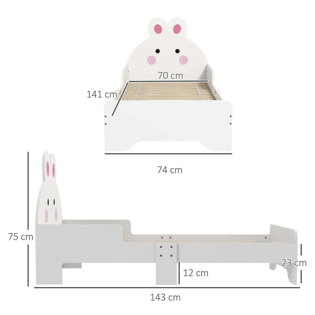 White toddler bed frame front view with bunny headboard and safety rails