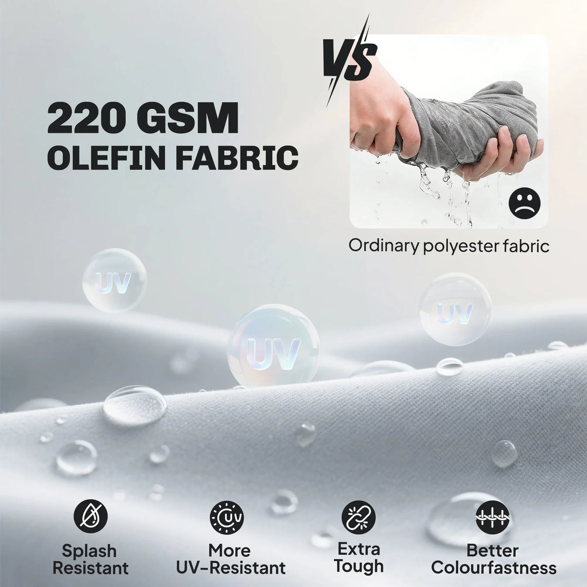 Light gray olefin fabric cushion with water-splash droplets graphic