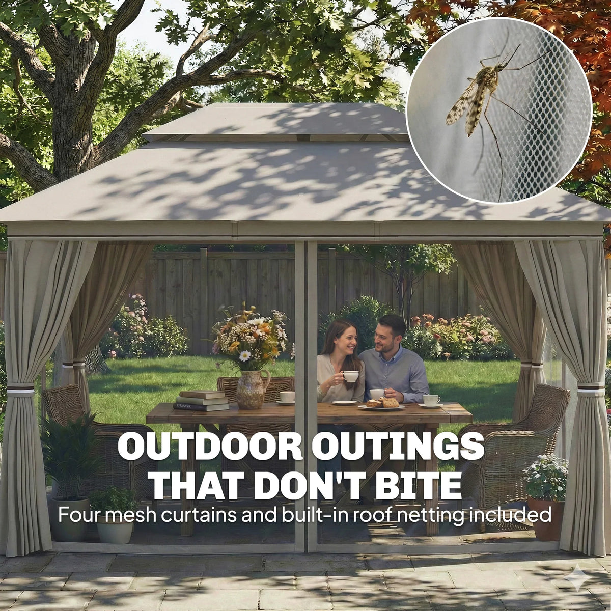 Beige gazebo with mesh curtains and built-in roof netting, open front