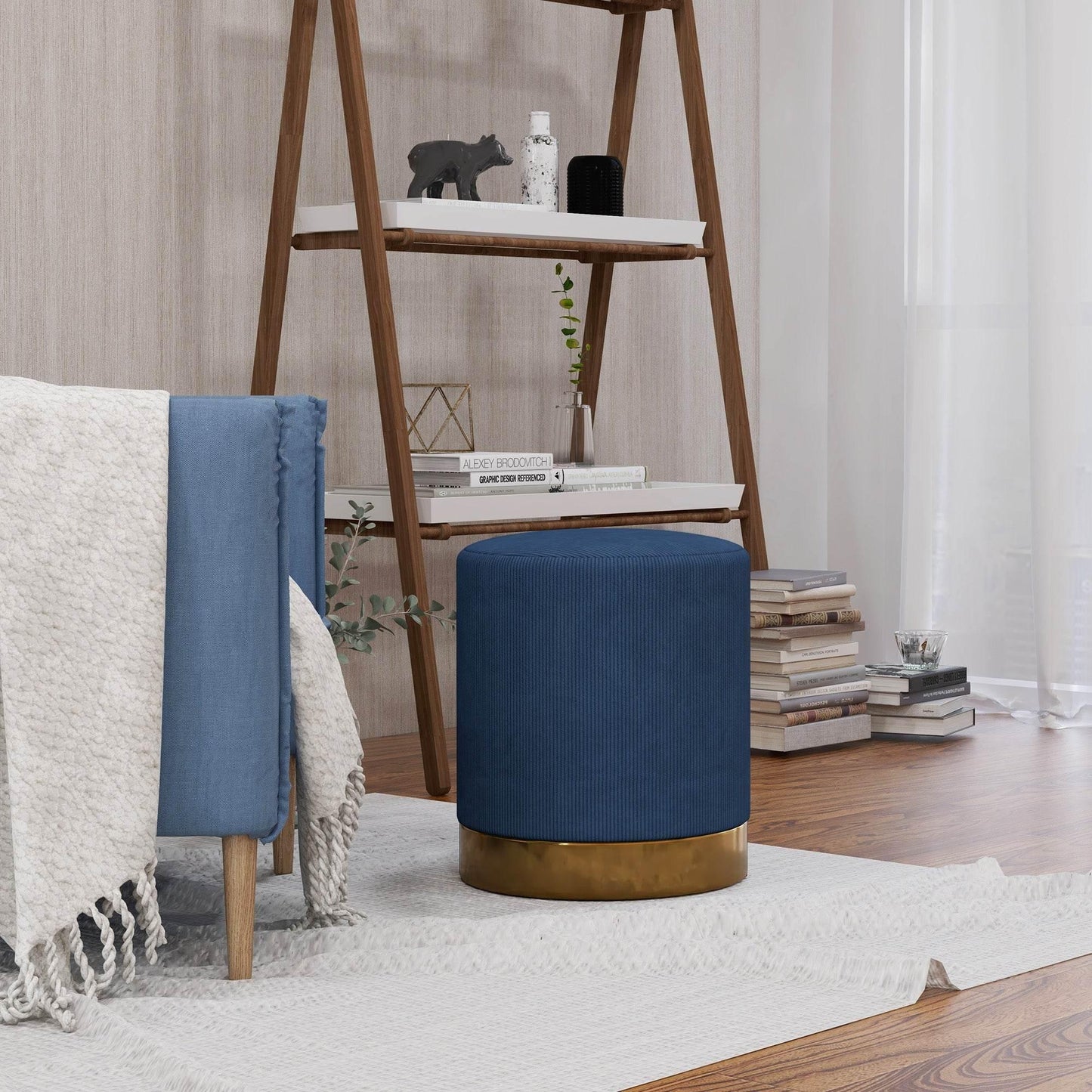 HOMCOM Cozy Round Corduroy Footrest - Navy Blue - ALL4U RETAILER LTD