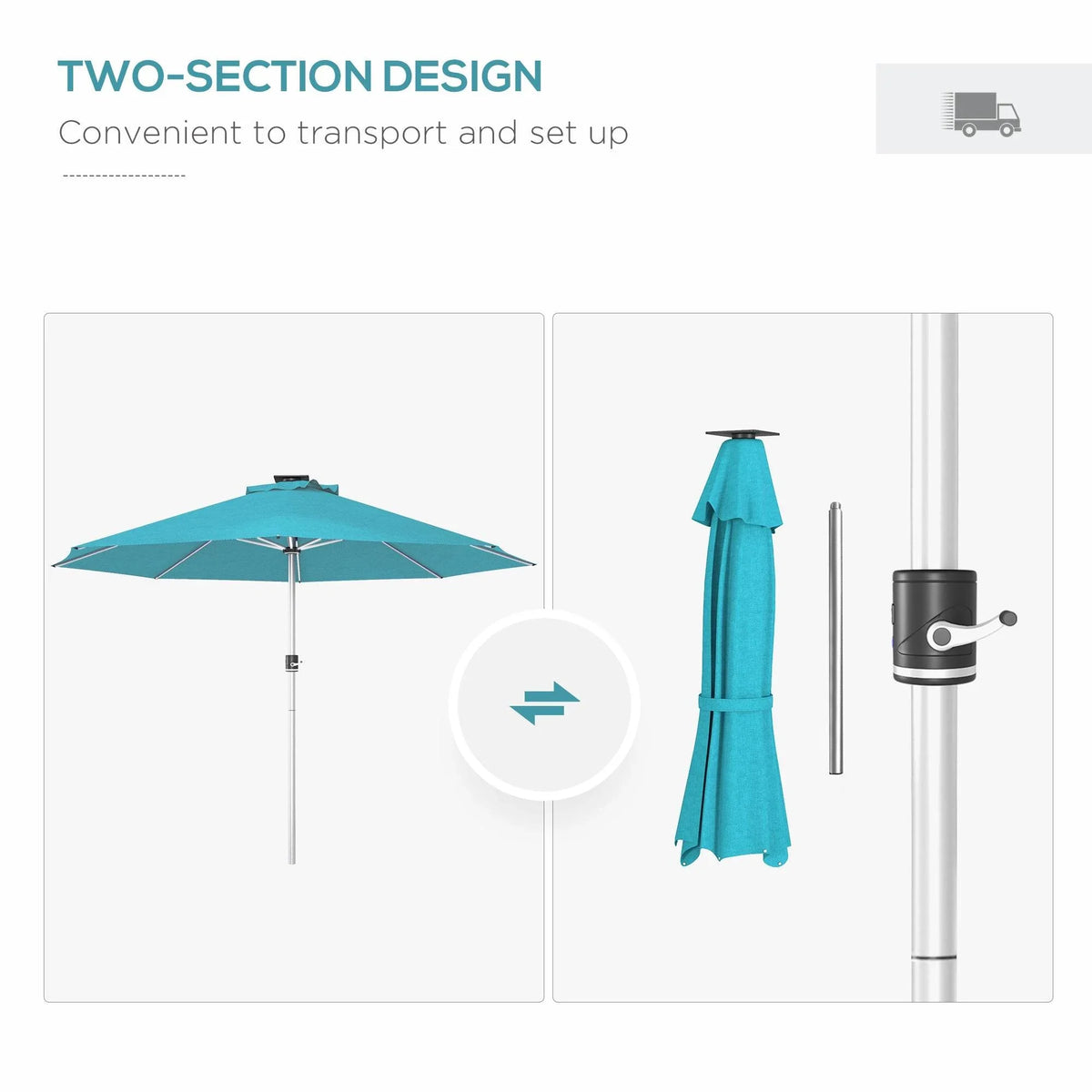 Teal patio umbrella with two-section foldable design and solar LED base