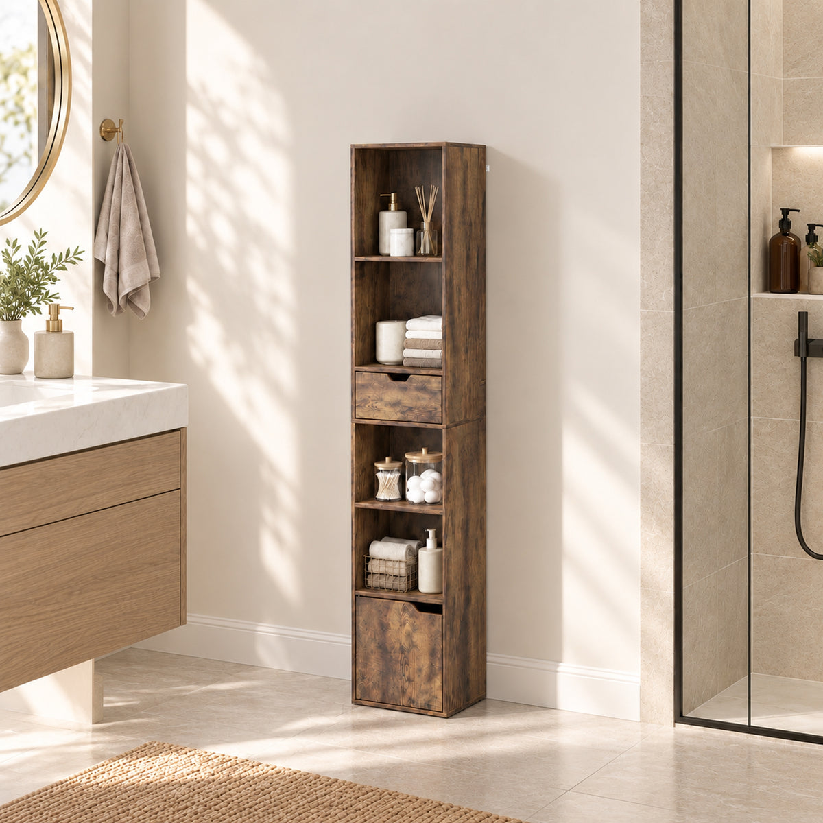 Rustic brown narrow bookshelf with open shelves and bottom storage drawer, tall and slim